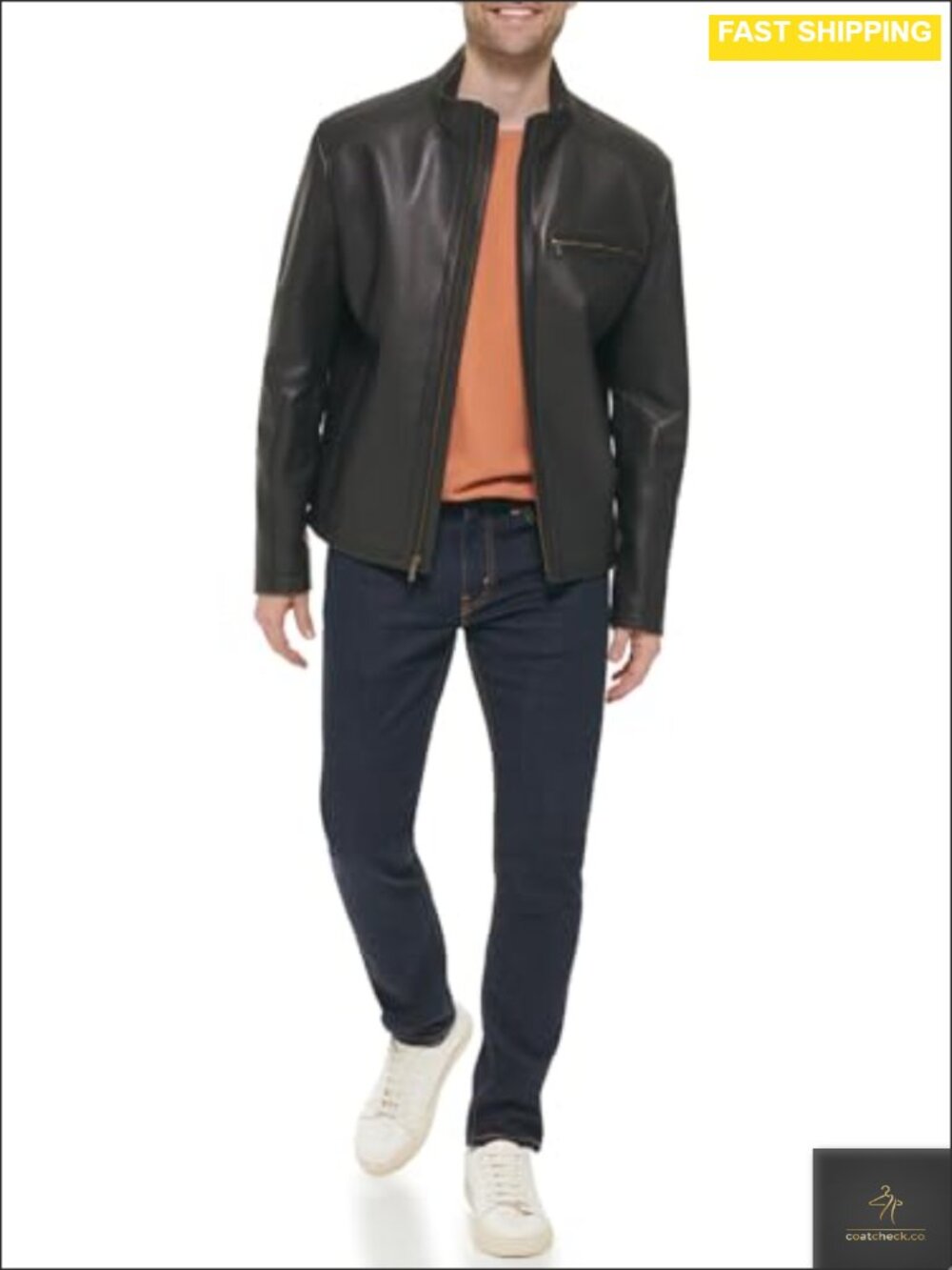 Men's Smooth Lamb Leather Moto Jacket Coat Long Sleeve Band Collar